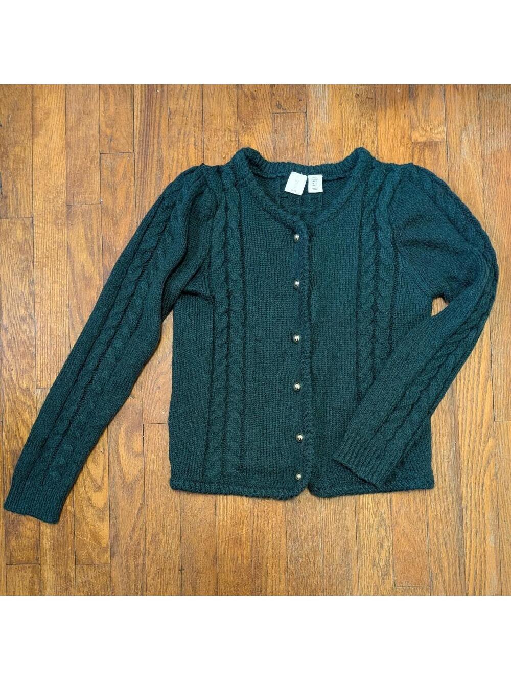 Joie Forest Green Cable Knit Cardigan Gold Buttons Crew Neck Preppy Small